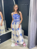 Mėlynai balta lininė suknelė