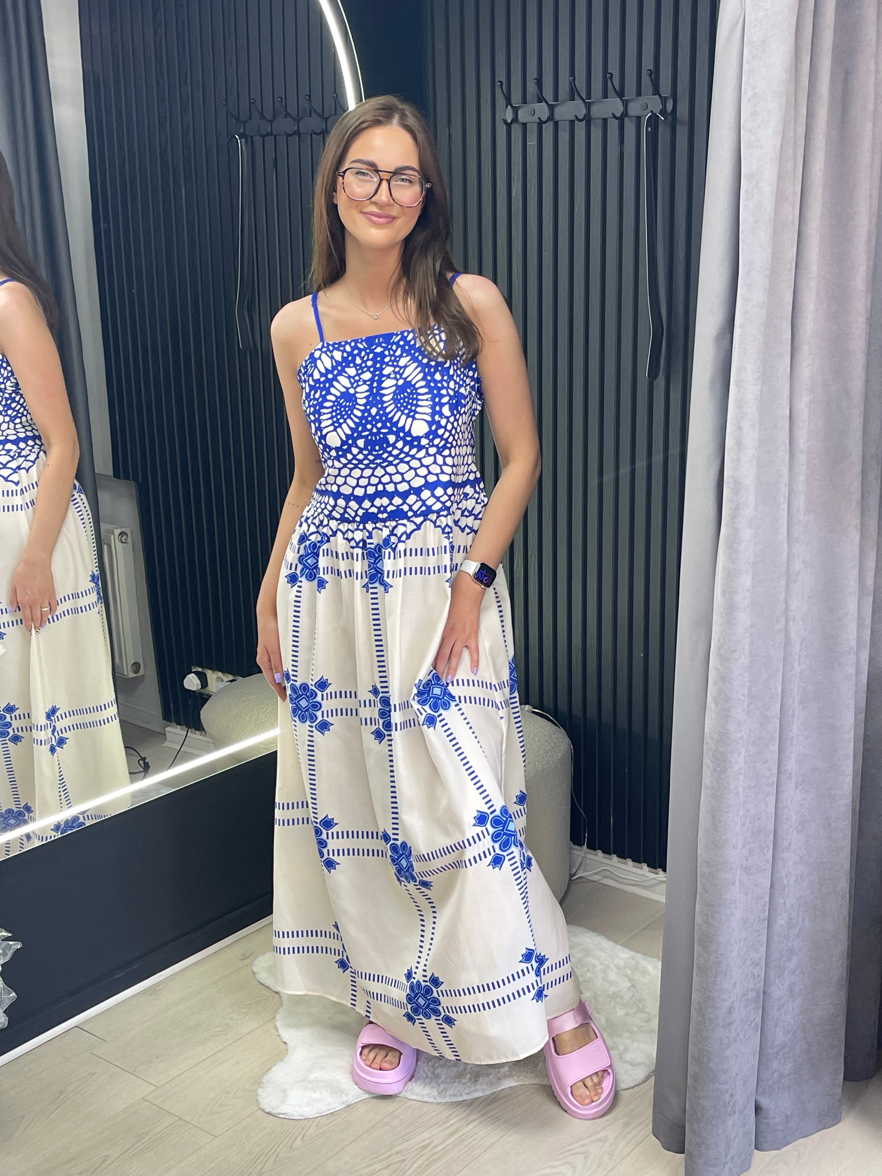 Mėlynai balta lininė suknelė